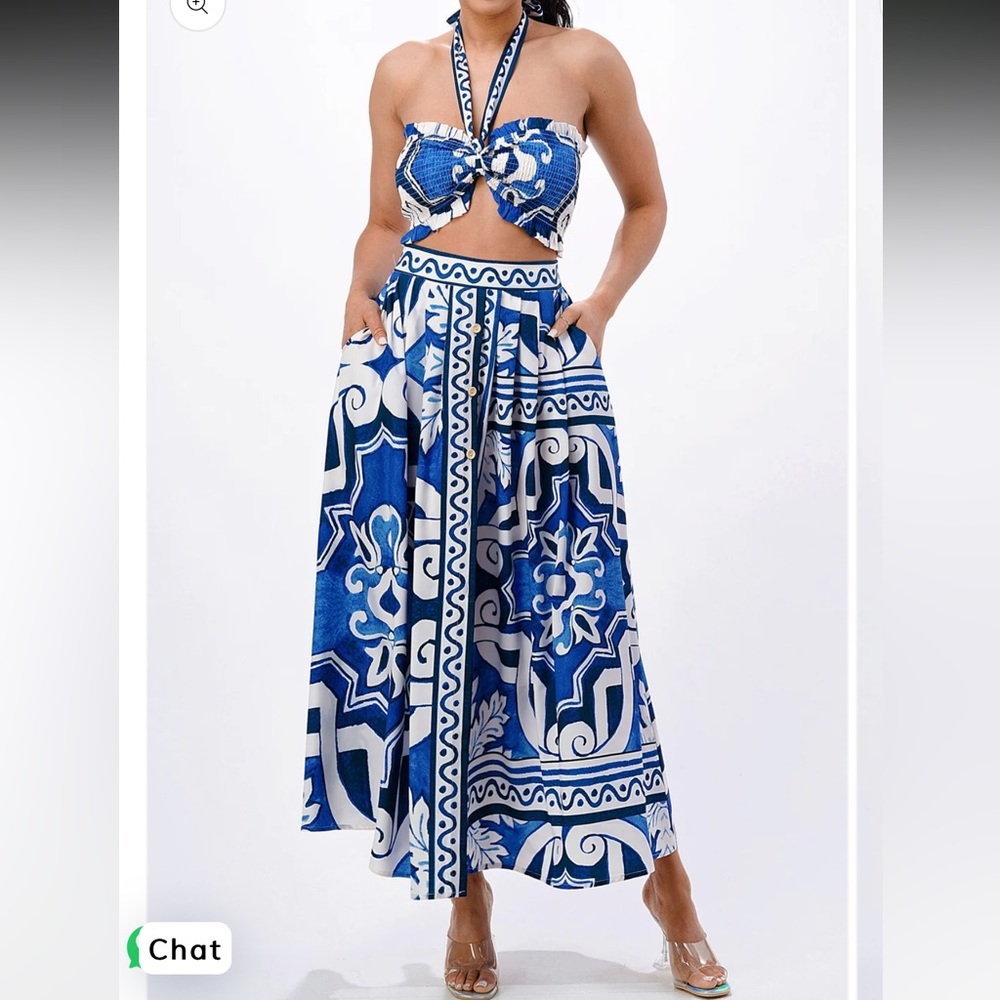 Blue White Porcelain 2 piece crop top skirt set mosaic tile print Large